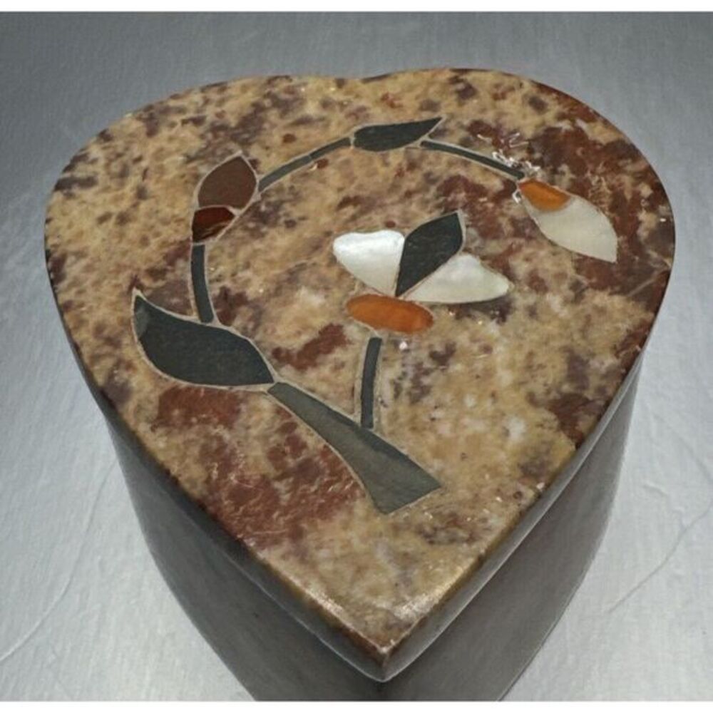 Vintage Inlayed Stone Heart  Shaped Trinket Box Made in India 3" x 2.5"x1.5"‎